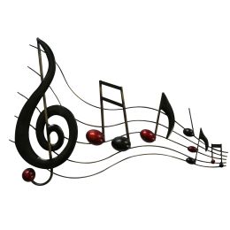 26 Inch Handmade Metal Wall Mount Accent Decor with Musical Notes and Treble Clef; Black; Red