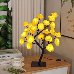 Best-selling Detachable Plastic Base USB Switch LED Simulation Rose Tree Lamp Home Decoration Night Light (Color: Black Base,Yellow Rose)