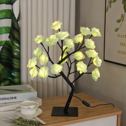 Best-selling Detachable Plastic Base USB Switch LED Simulation Rose Tree Lamp Home Decoration Night Light (Color: Black Base,Green Rose)