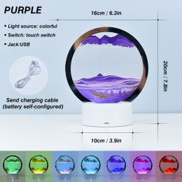 Creative RGB 3D Moving Sand Art Night Light Quicksand Painting Table Lamp LED Lights Hourglass Christmas Gift Home Office Decor (Color: Purple)