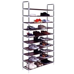 Simple Assembly 10 Tiers Non-woven Fabric Shoe Rack with Handle RT (Color: Dark Brown)